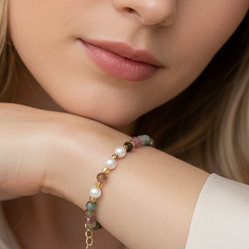 Les Bracelets - Bracelet Tourmaline Multicolore Billes facettées entre 3 & 4 mm & Cuivre plaqué Or