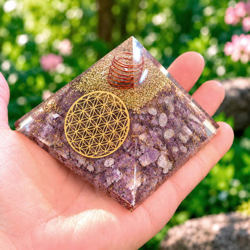 Pyramide Lépidolite Orgonite Fleur de Vie 7.5 cm - Orgonite Lépidolite