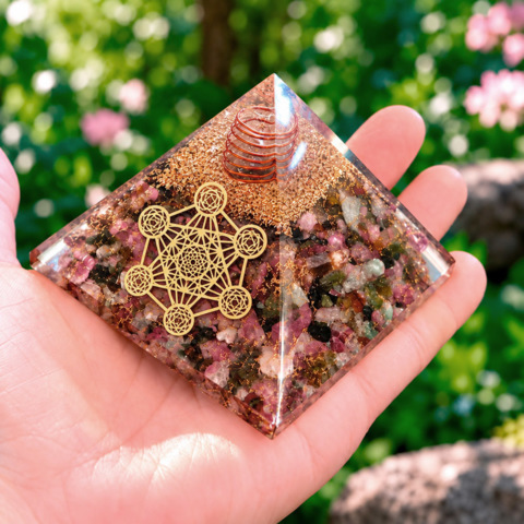 Pyramides Tourmaline Multicolore Orgonite Metatron 7.5 cm