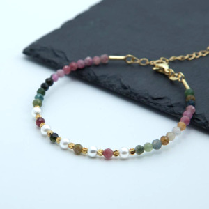 Les Bracelets - Bracelet Tourmaline Multicolore Billes facettées entre 3 & 4 mm & Cuivre plaqué Or