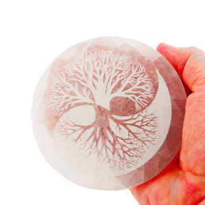 Sélénite gravée Laser - Cercle Sélénite EXTRA Yin Yang Arbre de Vie Ø 10 cm