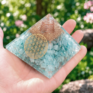 Pyramides Aigue Marine Orgonite Fleur de Vie 7.5 cm - Orgonite Aigue Marine